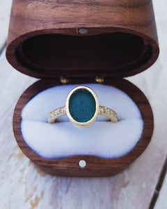 Empress teal sea glass & bead set diamond engagement ring in 18ct yellow gold. Handmade in Cornwall.